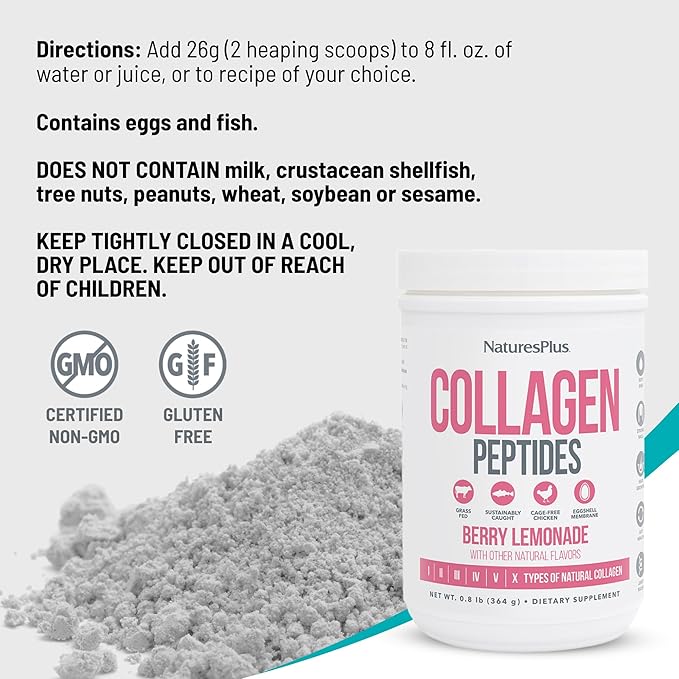 NaturesPlus Collagen Peptides, Berry Lemonade - 0.8 lb Powder, Pack of 2 - Hair, Skin, Nail & Joint Health, Immune System Support - Non-GMO, Gluten Free - 28 Total Servings