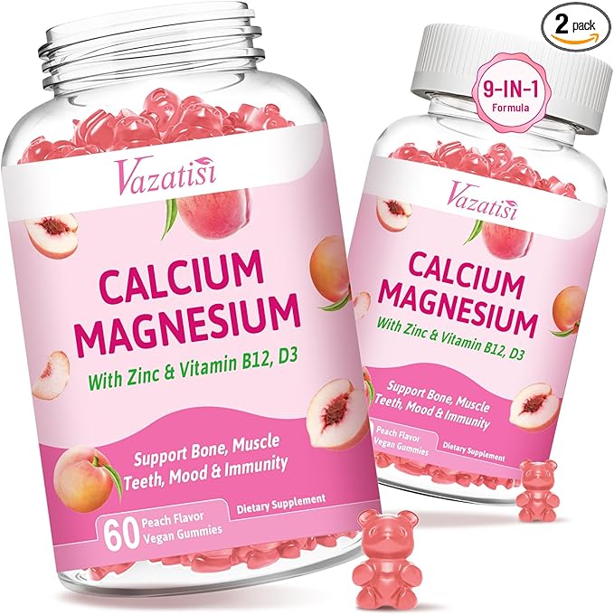 2 Pack Calcium Magnesium Zinc Gummies with Vitamin D3 B12, Calcium Supplements for Women Men, Peach Flavor 120 Cts