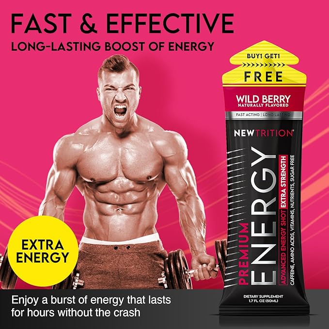 NewTrition® Extra Strength Energy Shots, 1.7 fl oz - 250mg Caffeine with Vitamin B & Amino Acids, Sugar-Free, Zero Calorie Vitamin Energy Drink for Focus & Endurance (Pack of 6, Wild Berry)