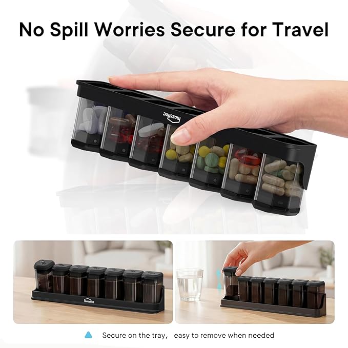 Large Weekly Pill Organizer 1 Time a Day, BPA-Free Pill Dispenser, 7 Day Pill Box with Silicone Lids & Coded Compartments, Spill Proof Travel Case for Vitamins, Seniors & Daily Medication, Black
