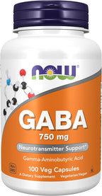 NOW Foods Supplements, GABA (Gamma-Aminobutyric Acid) 750mg, Neurotransmitter Support*, 100 Veg Capsules