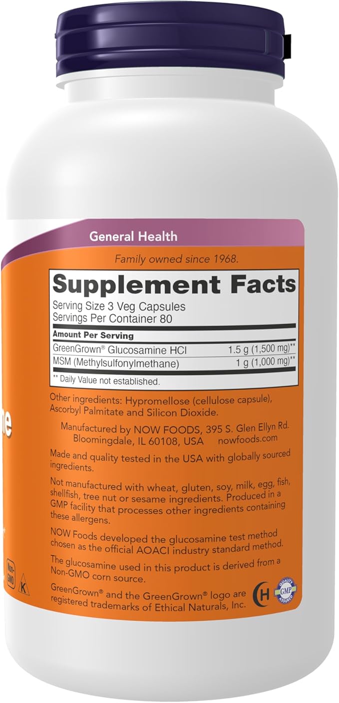 NOW Foods Supplements, Glucosamine & MSM (GreenGrown® Glucosamine), Vegetarian, 240 Veg Capsules