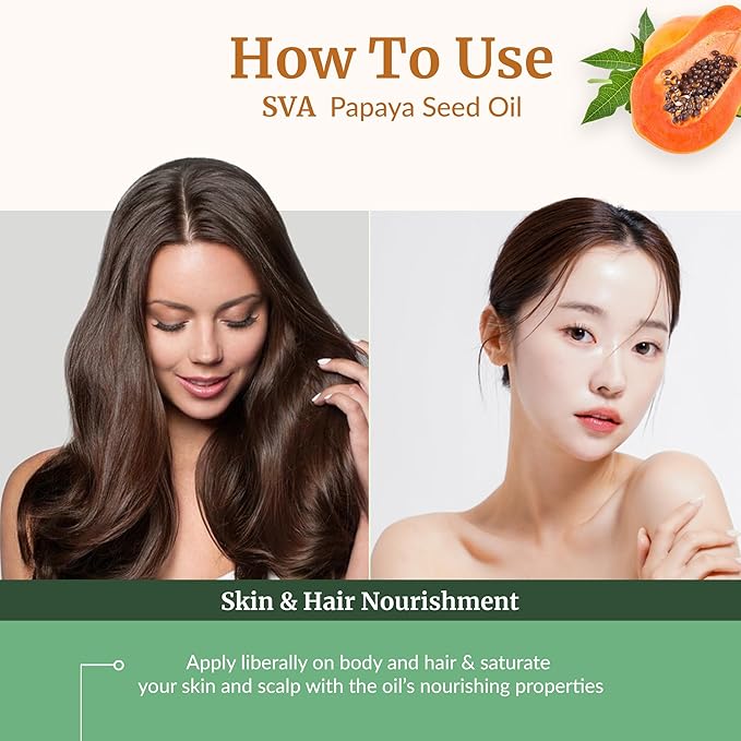 SVA Papaya Seed Oil - 4 Fl Oz – 100% Natural Cold Pressed Papaya Oil - for Face, Skin Care, Hair Care, Scalp Massage & Body Massage – Carrier Oil with Dropper
