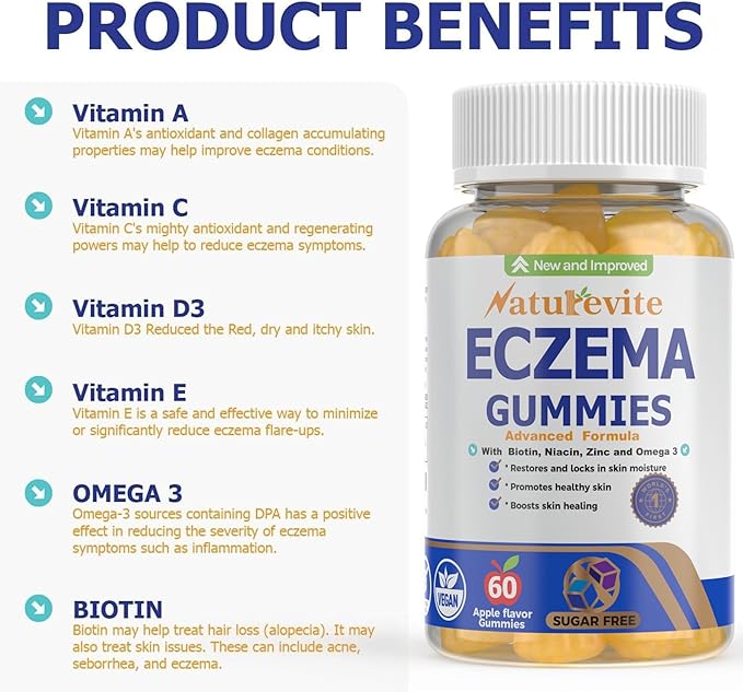 Sugar-Free Eczema Treatment Gummies — USA-Made, 10x Effective, 20+ Vitamins Support Eczema Treat, Psoriasis, Rosacea & Dermatitis — Healthy Skin, Soothes Itching & Redness (60 Gummies)