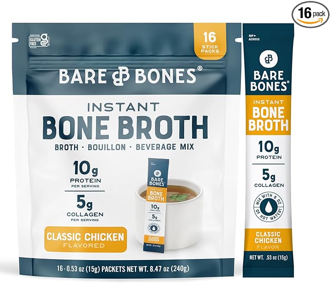 Bare Bones Classic Chicken Bone Broth Instant Powdered Mix Packets | 5g Collagen | 10g Protein | Keto & Paleo Friendly | No Artificial Flavors | Non-GMO, Gluten-Free, Dairy-Free on-the-go 16 Pack