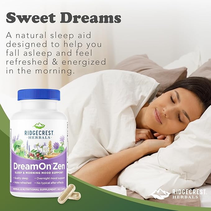 Ridgecrest Herbals DreamOn Zen, Sleep Support Supplement, Melatonin Free, Magnesium, 5-HTP, Lavender, Chamomile, Valerian, Lemon Balm for Adults and Children 12+ (60 Caps, 30 Serv)