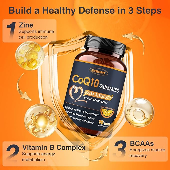 ZEBORA CoQ10 200mg Gummies, Coenzyme Q10 for Heart & Immune Health Support, Powerful Antioxidant, Boosts Energy, Natural Orange Flavor, Non-GMO, 90 Gummies