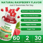 Saw Palmetto Gummies 600mg for Men & Women – Pumpkin Seed Oil Gummies with Saw Palmetto Supplement for Hair Growth & Skin Health, DHT Blocker - Sugar Free, Non-GMO, Raspberry Flavor 60 Count