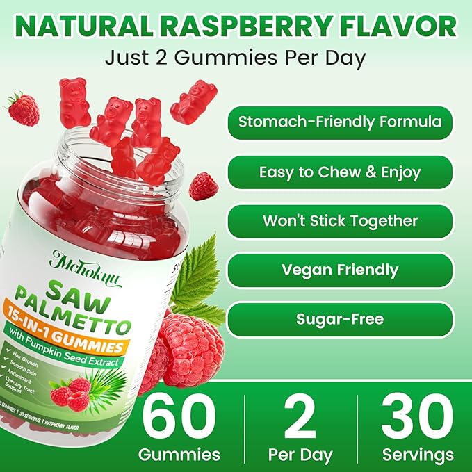 Saw Palmetto Gummies 600mg for Men & Women – Pumpkin Seed Oil Gummies with Saw Palmetto Supplement for Hair Growth & Skin Health, DHT Blocker - Sugar Free, Non-GMO, Raspberry Flavor 60 Count