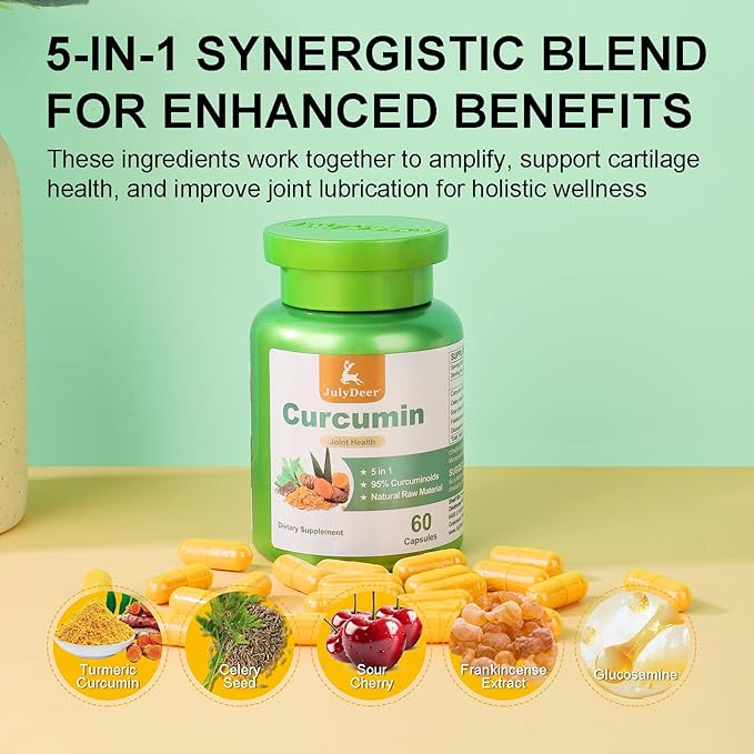 JulyDeer Curcumin Turmeric Complex 2 Bottles with Celery Seed, Sour Cherry, Frankincense Extract, Glucosamine, 95% Curcuminoids for Joint Health, Antioxidant, Immunity Support - 120 Capsules