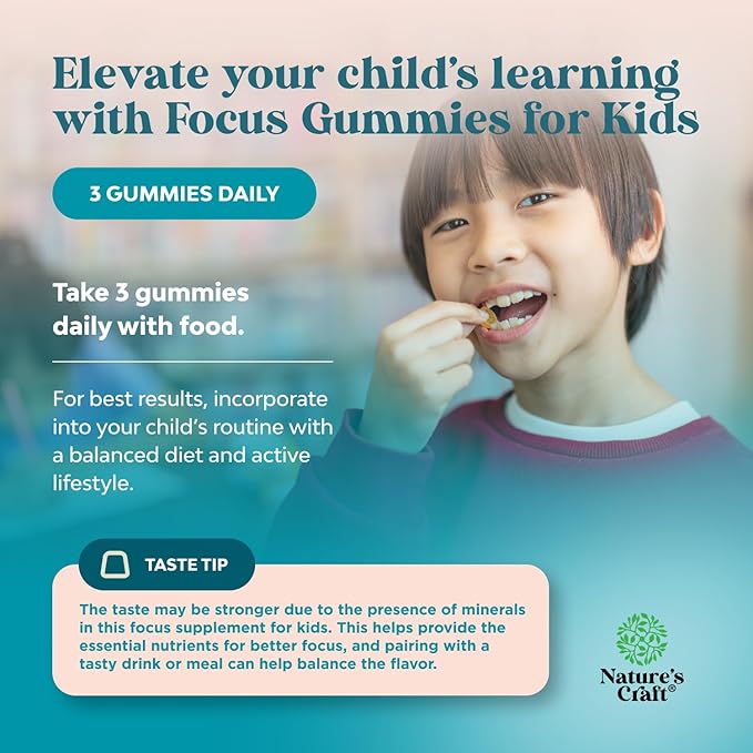 Kids Focus Gummies - Nootropics Brain Support Supplement for Kids with Green Tea Extract, B6 & B12 Vitamins for Memory and Brain Focus - Herbal Concentration Chews for Children - 90 Count