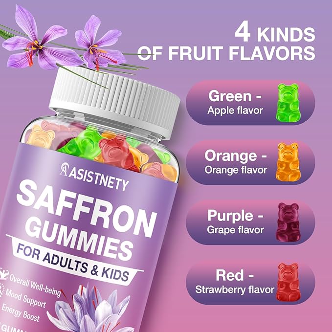 Saffron Gummies for Kids & Adults 88.5mg Saffron Extract, Cαlm, Focus & Mood Support, Saffron Supplement with L-Theanine, St.John's Wort, Lemon Balm, Magnesium, Gentle Nerve & Rest Support (Pack of 2)