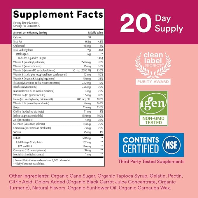 SmartyPants Women's Multivitamin Gummies: Omega 3 Fish Oil (EPA/DHA), Methylfolate, CoQ10, Vitamin D3, C, Vitamin B12, B6, A, K & Zinc, Inositol, Gluten Free, 120 Count (20 Day Supply)