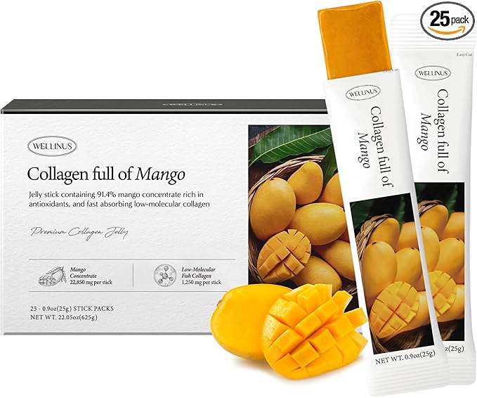 WELLINUS Korean Collagen Jelly Sticks - 25 Mango Flavored Marine Collagen Peptide Snacks for Anti-Aging- Collagen Protein Sugar-Free, Travel Packs for Hair & Nail Strength