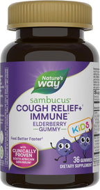 Nature’s Way Sambucus Kids Cough Relief +(1) Immune Gummy*, Feel Better Faster(1), Clinically Proven South African Geranium, with Elderberry, Vitamin C & Zinc, Gluten Free, Vegetarian, 36 Gummies
