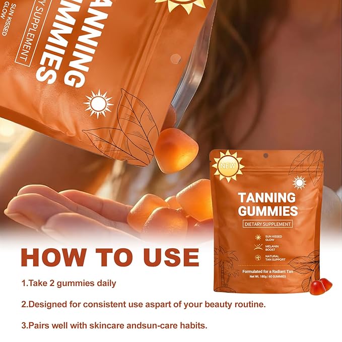 Tanning Gummies Fast Tan Without Sun,with Astaxanthin, Beta-Carotene, Lycopene & Vitamins C & E,Skin Radiance & Hydration for Natural Looking Glow, Vegan & Sugar-Free, 60 Count