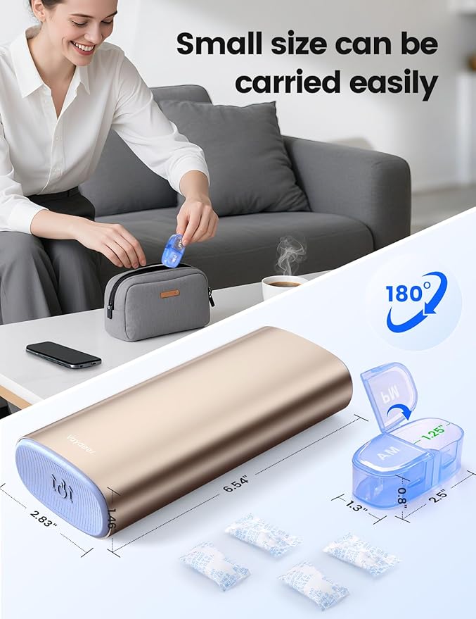 Vaydeer AM/PM Metal Pill Organizer, Weekly Pill Box with Built-in Desiccant Compartment, Airtight Travel Pill Case for Medication, Vitamins & Supplements (Champagne Gold)