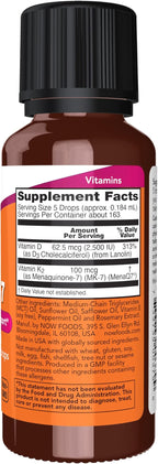 NOW Foods Supplements, Liquid D-3 & MK-7 with 2,500 IU Vitamin D-3 & 100 mcg Vitamin K-2 per 5 drops, 1-Ounce