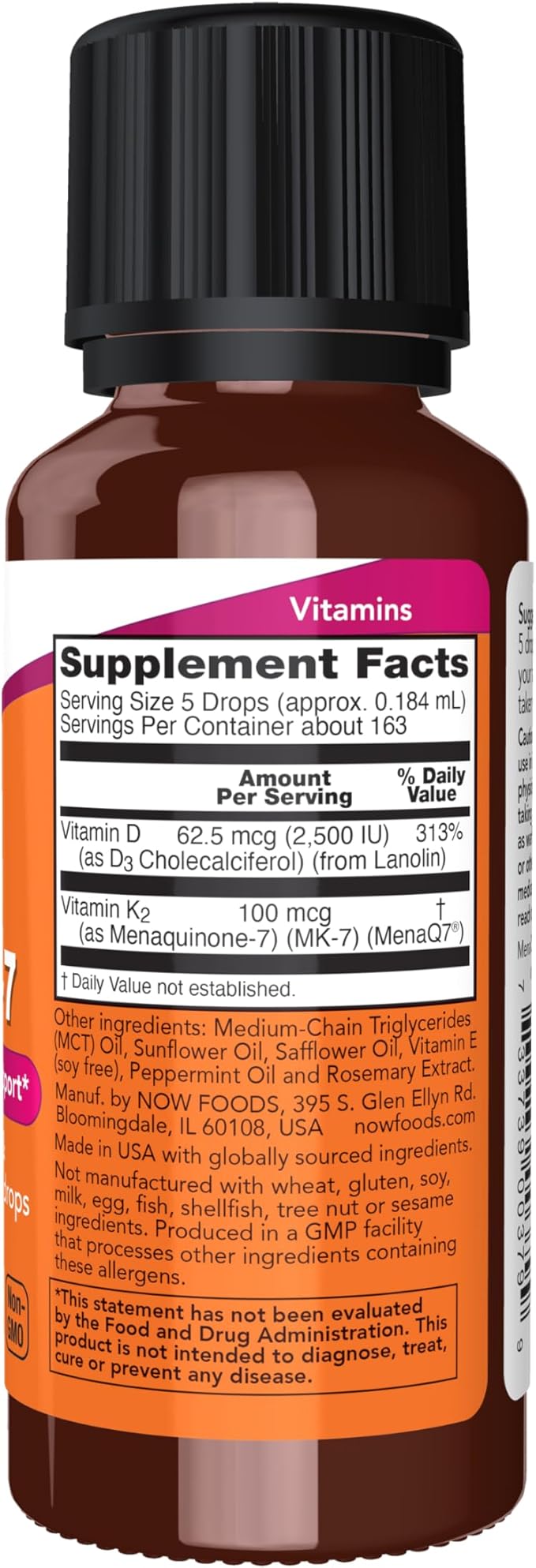 NOW Foods Supplements, Liquid D-3 & MK-7 with 2,500 IU Vitamin D-3 & 100 mcg Vitamin K-2 per 5 drops, 1-Ounce