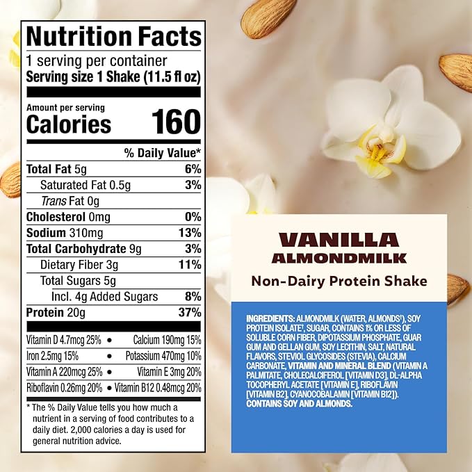 Premier Protein Non-Dairy Plant Based Almondmilk Protein Shake, Vanilla, 20g Protein, 5g Sugar, 11.5 Fl oz, 12 Count