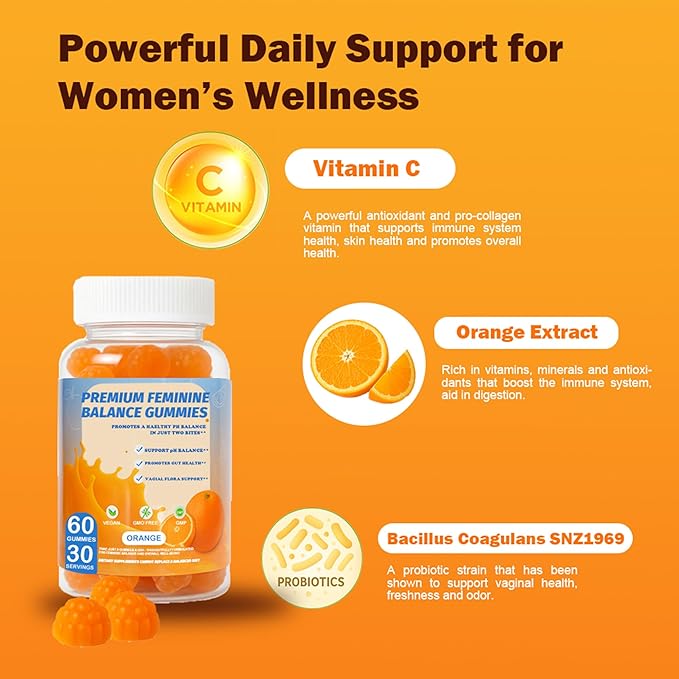 DEWANG Feminine Balance Gummies – Daily pH Balance & Vaginal Health Support, Probiotics for Womens Odor & Confidence Pineapple Flavor Vegan & Sugar-Free (Orange)