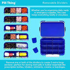 12 Compartment Large Pill Case with Airtight Seal - Silicone Gasket Waterproof Med Box with Medication Map and Medical Alert Card (Blue, 1 Pack)