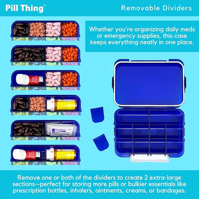 2-Pack Large Pill Organizer – Blue + Clear | 12-Compartment Weekly Pill Box Case with Removable Dividers, Waterproof, Travel-Friendly (Combo Pack - 1 Blue & 1 Clear)