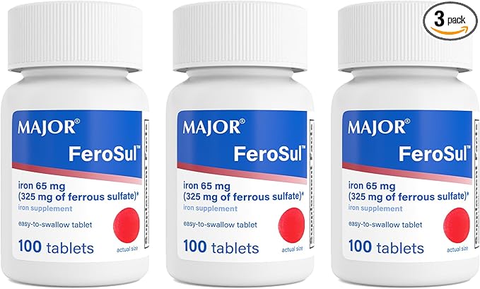 MAJOR Ferosul - Ferrous Sulfate 325mg Tablets with 65mg of Elemental Iron - Iron Supplement for Women, Men - Red - 100 Count (3 Pack)