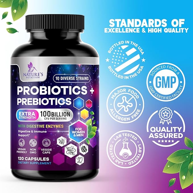 Probiotics 100 Billion CFU Per Serving - 10 Probiotic Strains & Prebiotics - Digestive Gut Health, Immune Support & Occasional Constipation, Gas & Bloating - Daily Supplement For Adults - 120 Capsules
