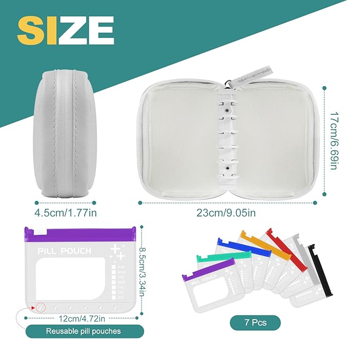 Timueetech A7 Waterproof Pill Organizer with 7 PCS L Size Zippered Pill Pouches for A7 Binder, Large BPA-Free Weekly Medicine Organizer, Color-Coded Reusable Travel Pill Storage System
