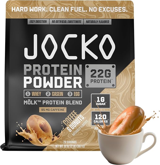 Jocko Fuel Whey Protein Powder, Coffee & Donuts, 22g Protein, Digestive Enzymes + Probiotic Blend, No Sugar Added, with Essential Amino Acids + Electrolyte Minerals, 28 Servings