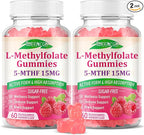 MEENCCD 2 Pack L-Methylfolate 15mg Gummies, Methylfolate Supplement, 5-MTHF Supplement - Active 5-MTHF - Supports Overall Wellness, Vegan, Raspberry Flavor, 120 Count