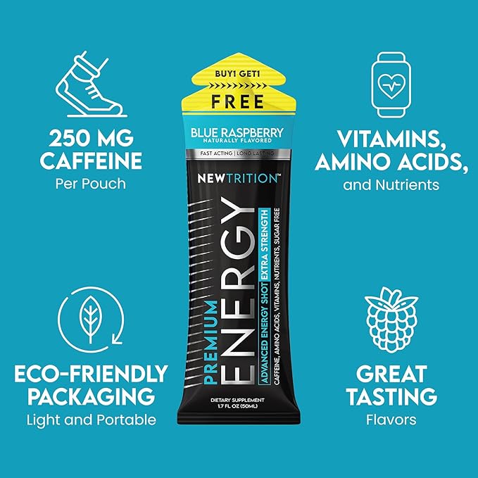 NewTrition® Extra Strength Energy Shots, 1.7 fl oz - 250mg Caffeine with Vitamin B & Amino Acids, Sugar-Free, Zero Calorie Vitamin Energy Drink for Focus & Endurance (Pack of 6, Blue Raspberry)