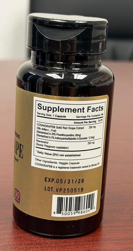 Resveratrol Complex Supplement with Clinically Tested Cognigrape Red Grape Extract OPC Proanthocyanidins - Antioxidant & Brain Health Support - 90 Veggie Capsules, Non-GMO, Gluten-Free, Vegan