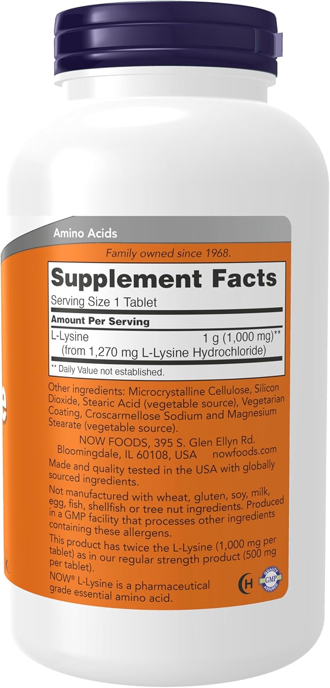 NOW Foods Supplements,L-Lysine (L-Lysine Hydrochloride) 1,000 mg,Double Strength,Amino Acid,250 Tablets,(Pack of 2)