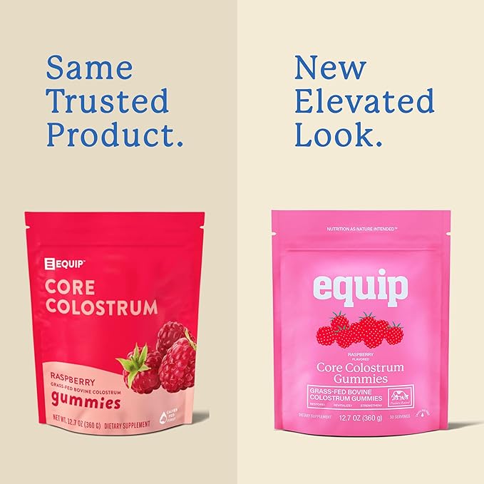 Equip Foods Core Bovine Colostrum Gummies - Delicious 1g Per Seving Grass Fed Colostrum Supplement - Gut Health, Immunity, Recovery, Hair & Skin - 60 Bovine Colostrum Gummies, 30 Servings, Raspberry