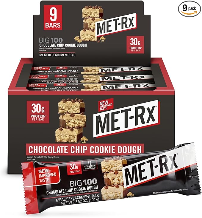 MET-Rx Big 100 Colossal Protein Bars, Chocolate Chip Cookie Dough Meal Replacement Bars, 9 Count (Pack of 1)