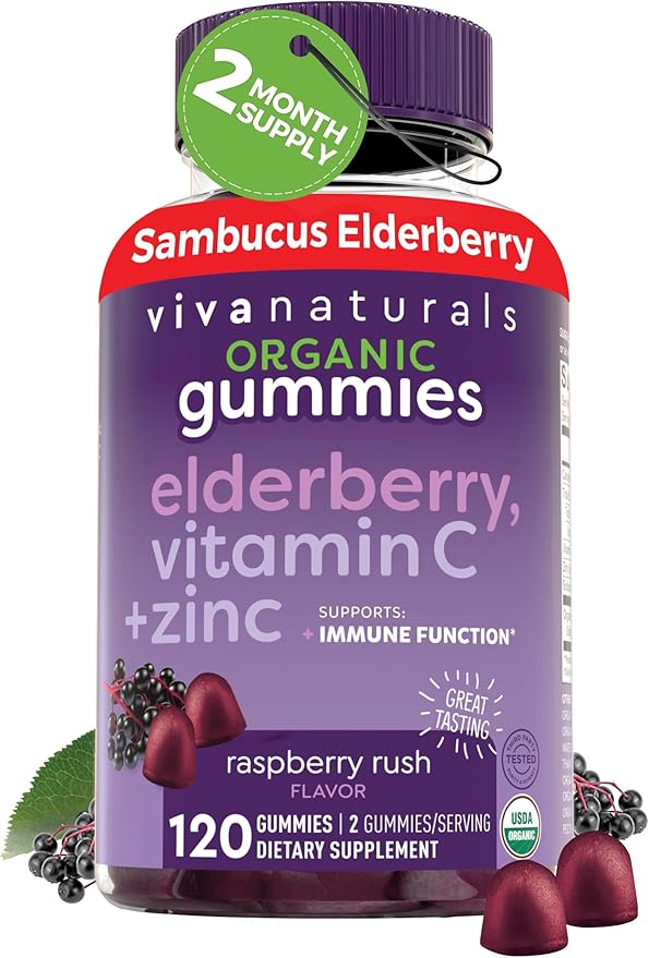 Viva Naturals Sambucus Elderberry Gummies for Adults - 150mg Black Elderberry Vitamin C and Zinc, 3-in-1 Daily Immune Support Gummies, Raspberry Rush Flavor, USDA Organic, Non-GMO, (120 Count)