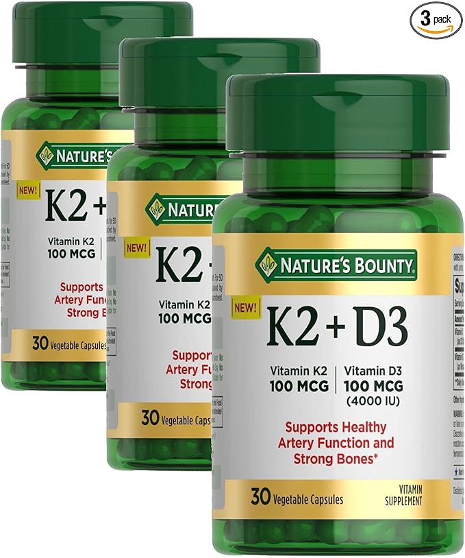 Nature's Bounty Vitamin D3 K2 Supplement, 4000 IU Vita D3 Plus 100 mcg of Vitamin K Supplements for Adults for Heart & Bone Health Support, 30 Day Supply, 30 Vegetarian Capsules (Pack of 3)