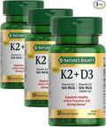 Nature's Bounty Vitamin D3 K2 Supplement, 4000 IU Vita D3 Plus 100 mcg of Vitamin K Supplements for Adults for Heart & Bone Health Support, 30 Day Supply, 30 Vegetarian Capsules (Pack of 3)