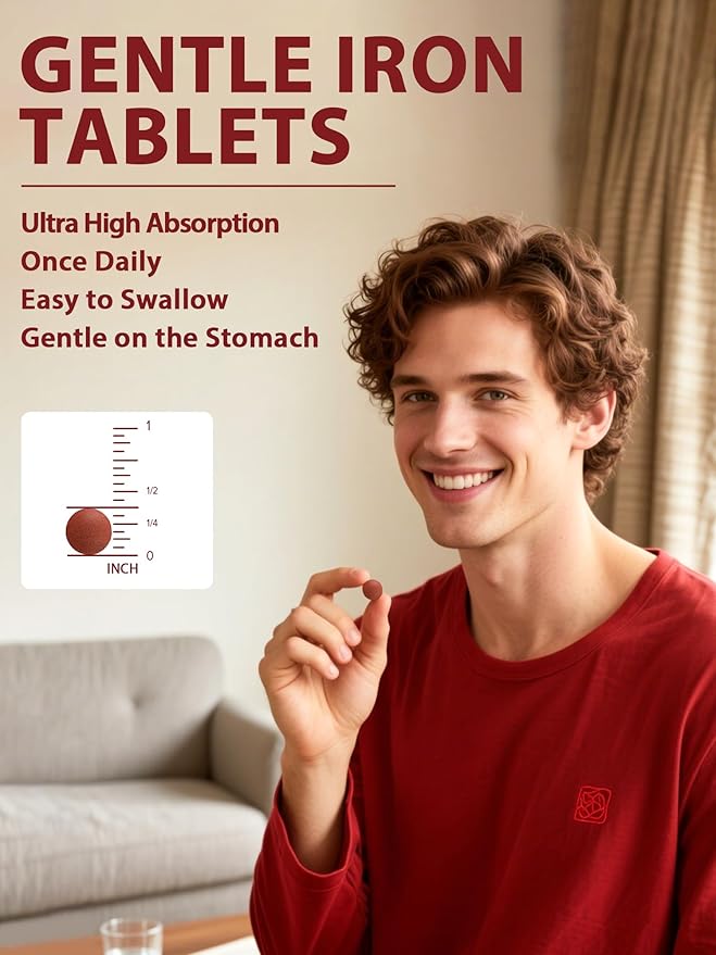 Iron Supplement for Women & Men, 3-in-1 65mg Iron Pills, Bisglycinate, Sulfate, Carbonyl Iron with Vitamin C, Enhanced Absorption, Energy, Red Blood Cell Support, Gentle, 60 Tablets