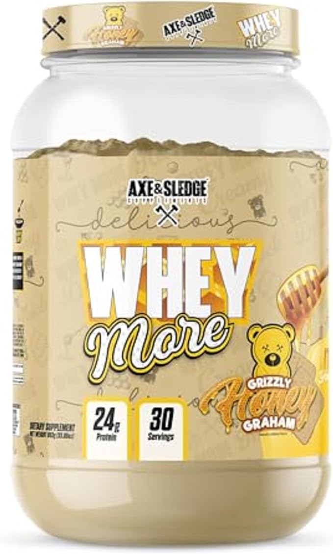 Axe & Sledge WHEY More Premium Protein Blend | 24g Protein, Whey Concentrate & Isolate | Prebiotic Fiber for Enhanced Absorption | Creamy, Delicious, Versatile | 30 Servings, Honey Grizzly Graham
