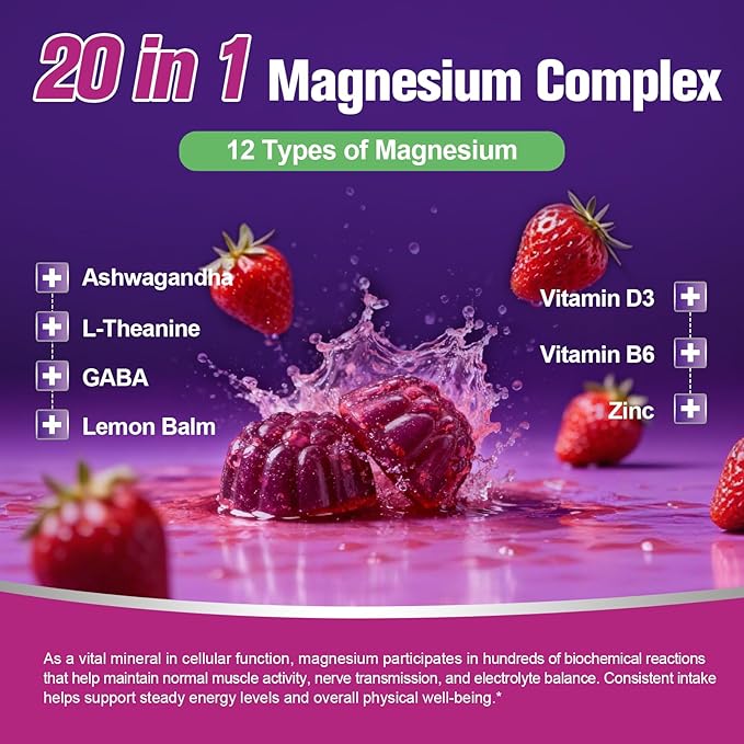 Migcopat Magnesium Complex Gummies, 20 in 1 Magnesium Gummy with Glycinate Citrate Malate Taurate - Ashwagandha, L-Theanine, D3&Zinc for Relaxation, Sleep, Muscle&Heart Support, Strawberry, 60 Cts