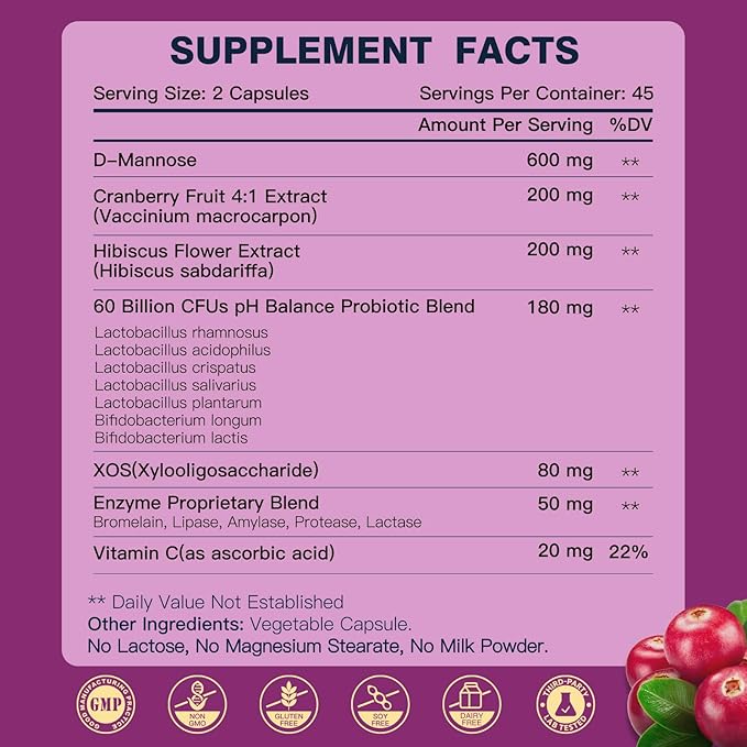 DRFOSTER Urinary Tract Health for Women, Vaginal Probiotics for Women pH Balance with D-Mannose, Cranberry, Probiotics and Prebiotics for Digestive Helath 90 Veggie Capsules