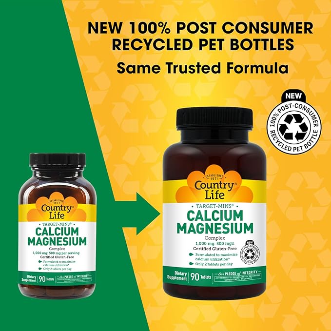 Country Life Target-Mins Calcium Magnesium Complex 1000mg/500mg, 90 Tablets, Certified Gluten Free, Certified Vegan, Certified Non-GMO Verified