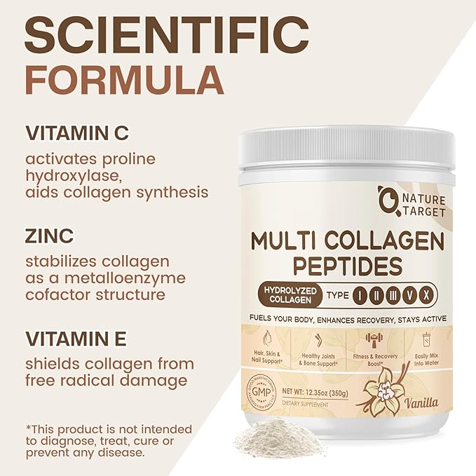 NATURE TARGET Multi Collagen Peptides for Women - Hydrolyzed Collagen Powder with Vitamin C & E - Type I, II, III, V & X Support Skin, Hair & Joint, Vanilla Flavored, 35 Servings