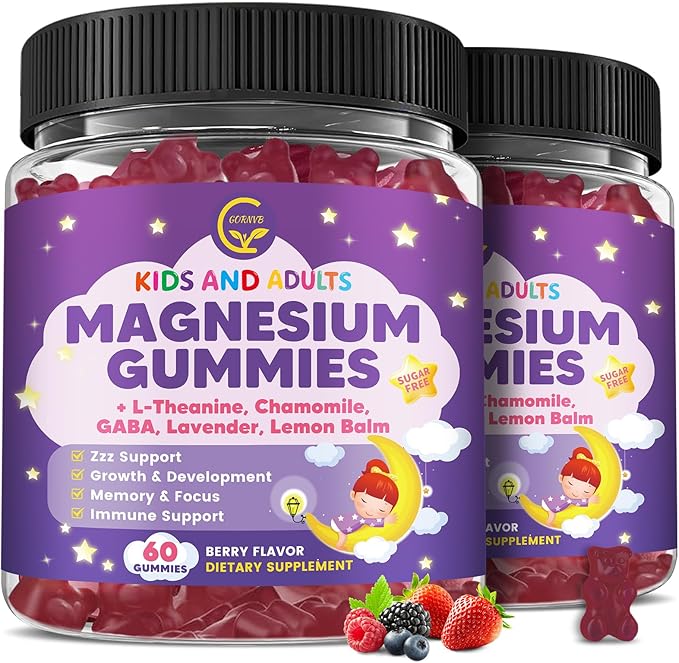 (2 Pack) Magnesium Glycinate Gummies for Kids & Adults, Sugar Free Magnesium Glycinate 400/200mg Supplement with Chamomile, Lavender, L-Theanine & GABA, B6, D3 & K2 for Relax, Brain, Immune Support