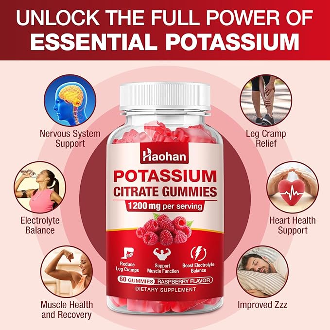 Potassium Citrate Gummies 1200mg - Chewable Supplement to Support Muscle Health & Relieve Leg Cramps for Men & Women. Vegan, Gluten-Free, Sugar-Free, Raspberry Flavor, 60 Count