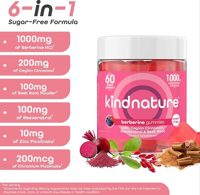 kindnature Berberine Gummies 1000mg with Ceylon Cinnamon & Resveratrol – 6-in-1 Blood Sugar Support Supplement – Metabolism & Weight Wellness – Sugar-Free, Vegan, Non-GMO