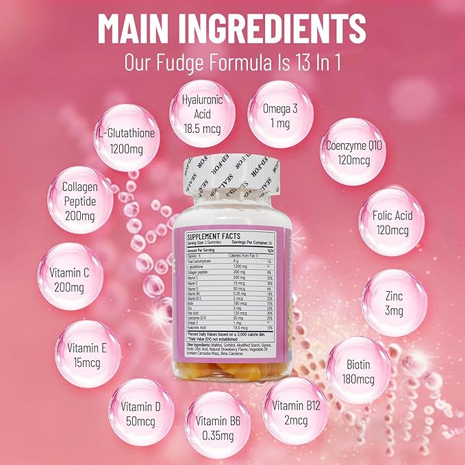 L-Glutathione 13 in 1 Gummies 1200mg, Reduce Wrinkles, Anti-Aging Support, Immunity Booster, Vegan, Non-GMO, 60 Count